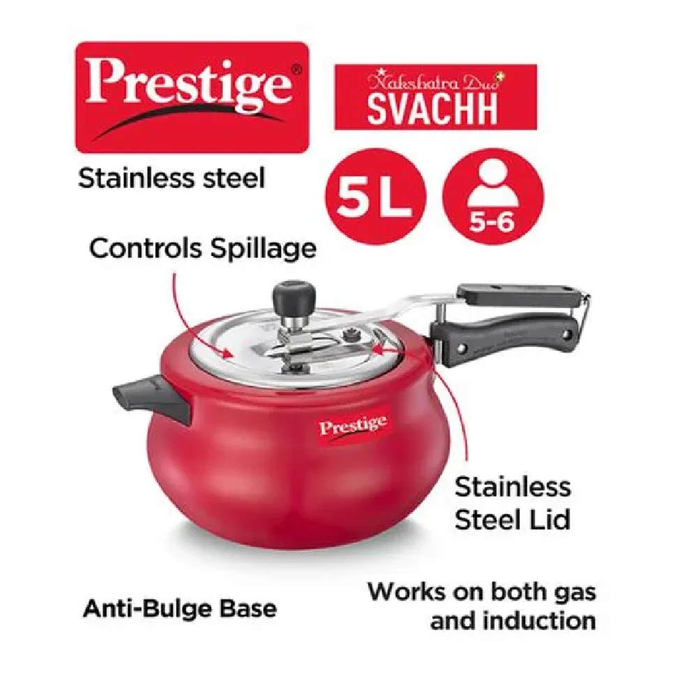 Prestige Nakshatra Duo Svachh Aluminium Inner Lid Pressure Cooker - Induction Base, Red, 10753, 5 L-2.webp